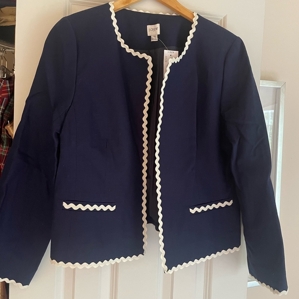 J Crew Navy Blue Blazer, White Trim NWT Size 16